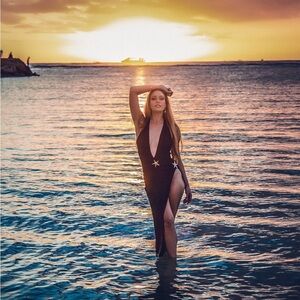 Black Deep-V Star Accent one piece bikini and skirt coverup